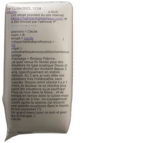 clic pour agrandir témoignage stéphane Désile agent immobilier mellac fabrice corazza magnétiseur guérisseur Locunolé Quimperlé sciatique