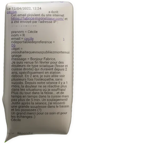 clic pour agrandir témoignage stéphane Désile agent immobilier mellac fabrice corazza magnétiseur guérisseur Locunolé Quimperlé sciatique