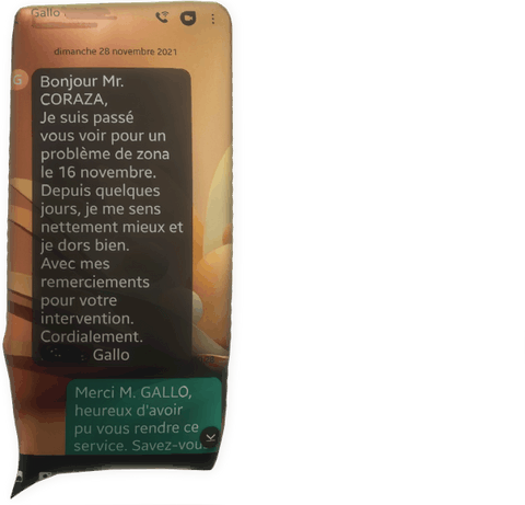 cliquer pour agrandir témoignage zona par M. Gallo pour Fabrice Corazza magnétiseur guérisseur coupeur de feu Locunolé Quimperlé Finistère Bretagne