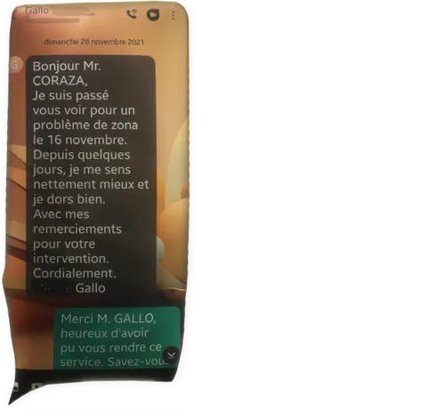 cliquer pour agrandir témoignage zona par M. Gallo pour Fabrice Corazza magnétiseur guérisseur coupeur de feu Locunolé Quimperlé Finistère Bretagne