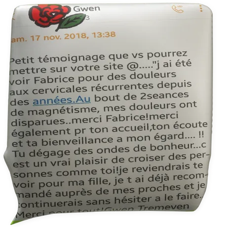 clic pour agrandir témoignage de Gwen - Tréméven - magnétisme chez Fabrice Corazza Magnétiseur