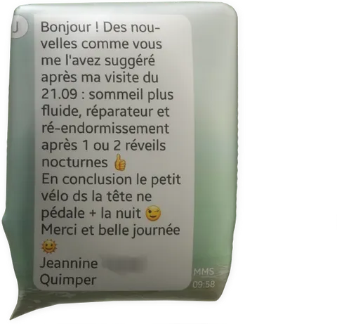 clic pour agrandir témoignage Jeannine sommeil insomnie Fabrice corazza magnétiseur guérisseur Locunolé Quimperlé