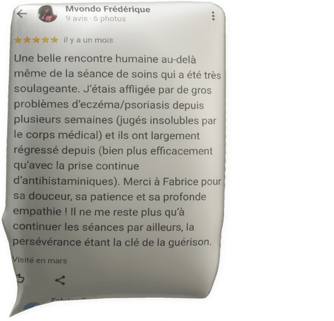 cliquer pour agrandir le commentaire témoignage eczéma psoriasis par Mvodo Frédérique pour Fabrice Corazza magnétiseur guérisseur coupeur de feu Locunolé Finsitère Bretagne