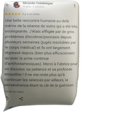 cliquer pour agrandir le commentaire témoignage eczéma psoriasis par Mvodo Frédérique pour Fabrice Corazza magnétiseur guérisseur coupeur de feu Locunolé Finsitère Bretagne